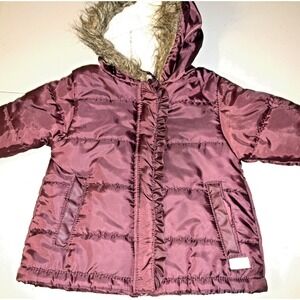 7 For All Mankind Toddler Girl Puffer Coat 18M Burgundy Faux Fur Hood Jacket